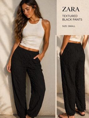 ZARA Black Textured Elastic Waist Pants | Relaxed Fit Chic Lounge L